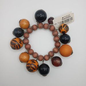 Miriam Haskell Wood and Plastic Animal Print Bead Stretch Bracelet NWT